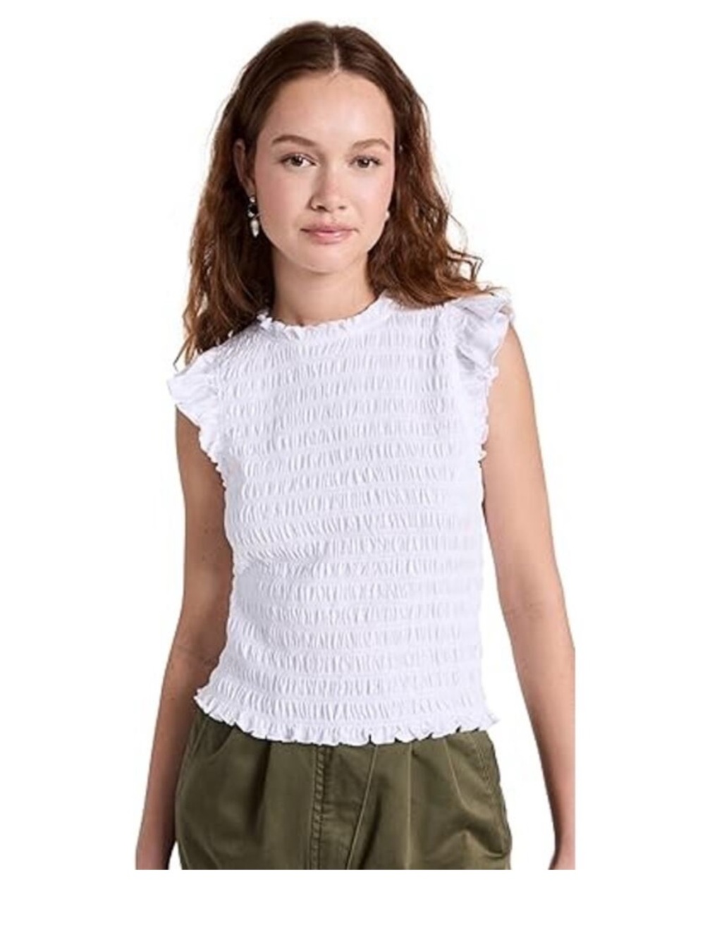 NWT $228 Veronica Beard Wyles White Smocked Ruffle Cap-Sleeve Top tank large